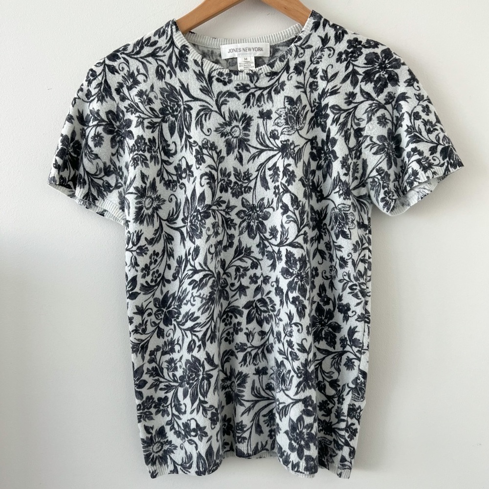 Vintage Jones NY Floral Lambswool Angora Blend Short Sleeve Top Quiet Luxury